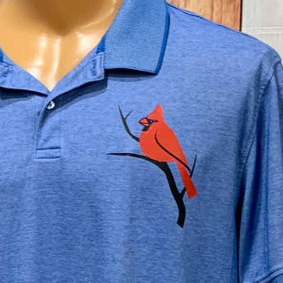 Member's Mark Other - Hand Printed Upcycled XL Red Cardinal Bird Blue Short Sleeve Mens Polo Shirt